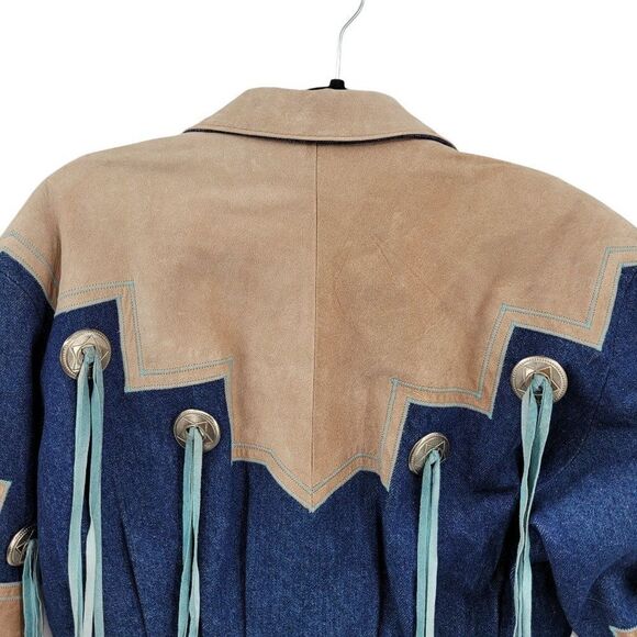 Vtg 80s Rare Denin Western Rodeo Jacket Sz S Cowgirl Chic Conchos Fringe Funky - Picture 10 of 14